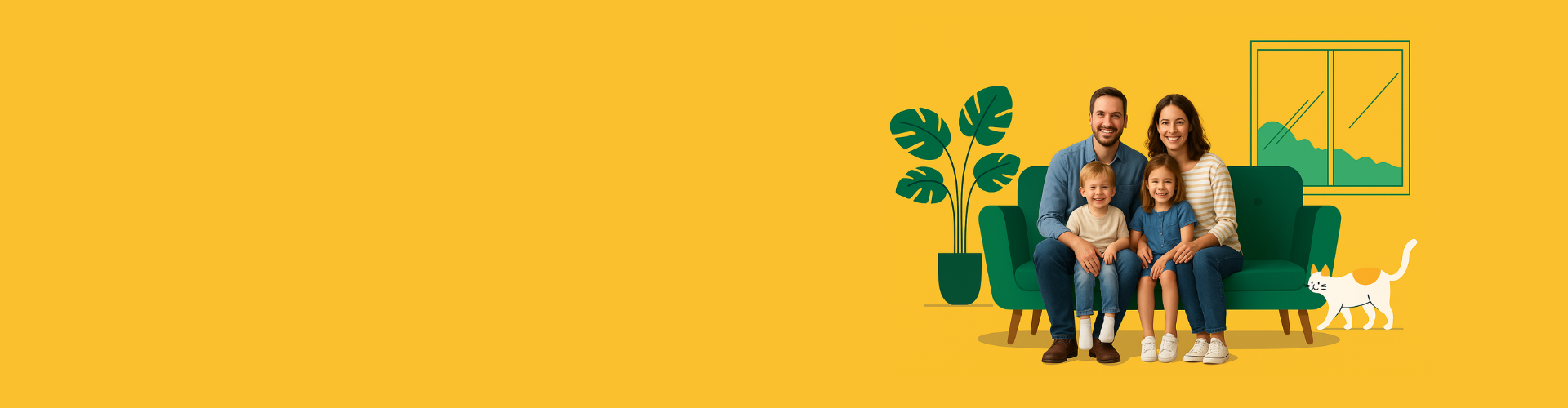 Ilustración de salón con fondo amarillo con familia realista en el sofá